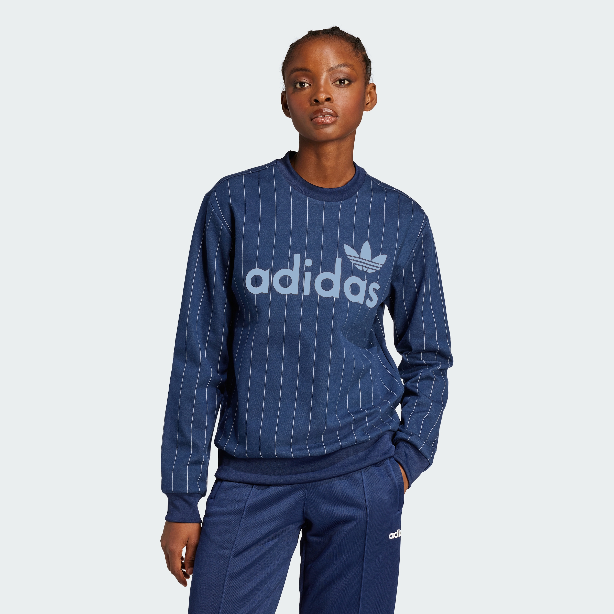 Áo Adidas Pinstripe Graphic Crewneck W Night Indigo Off Blue [ JJ3488 ]